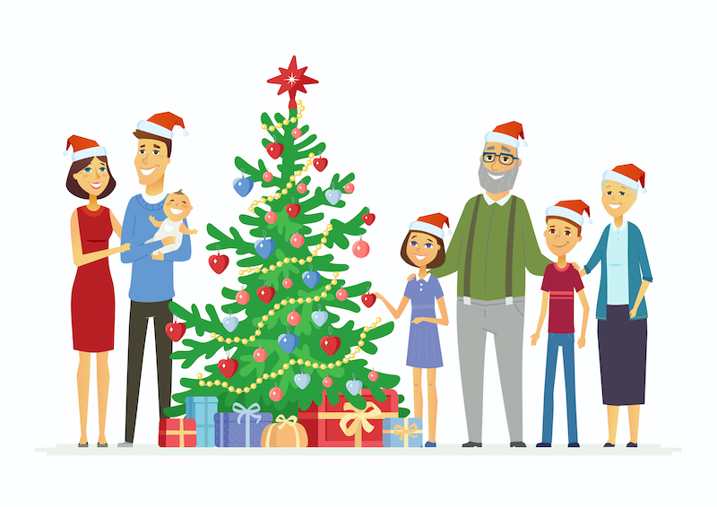 Happy family celebrates Christmas - cartoon people characters illustration on white background. Smiling mother and father with children and grandparents standing next to a decorated tree with presents